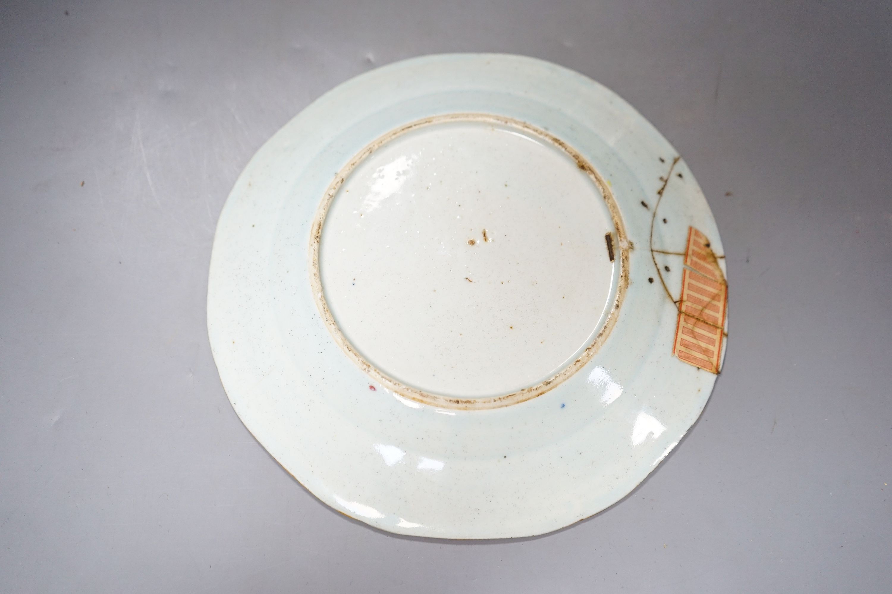 A Japanese blue and white dish, a Chinese blue and white meiping and a clobbered plate 33cm
